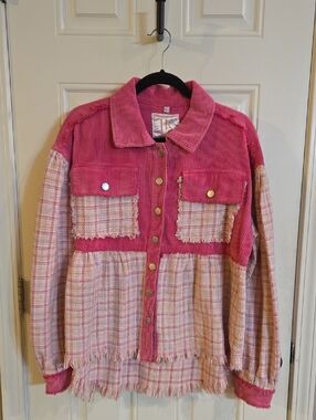 JK Designs Pink Mixed-Media Corduroy & Tweed Utility Jacket
